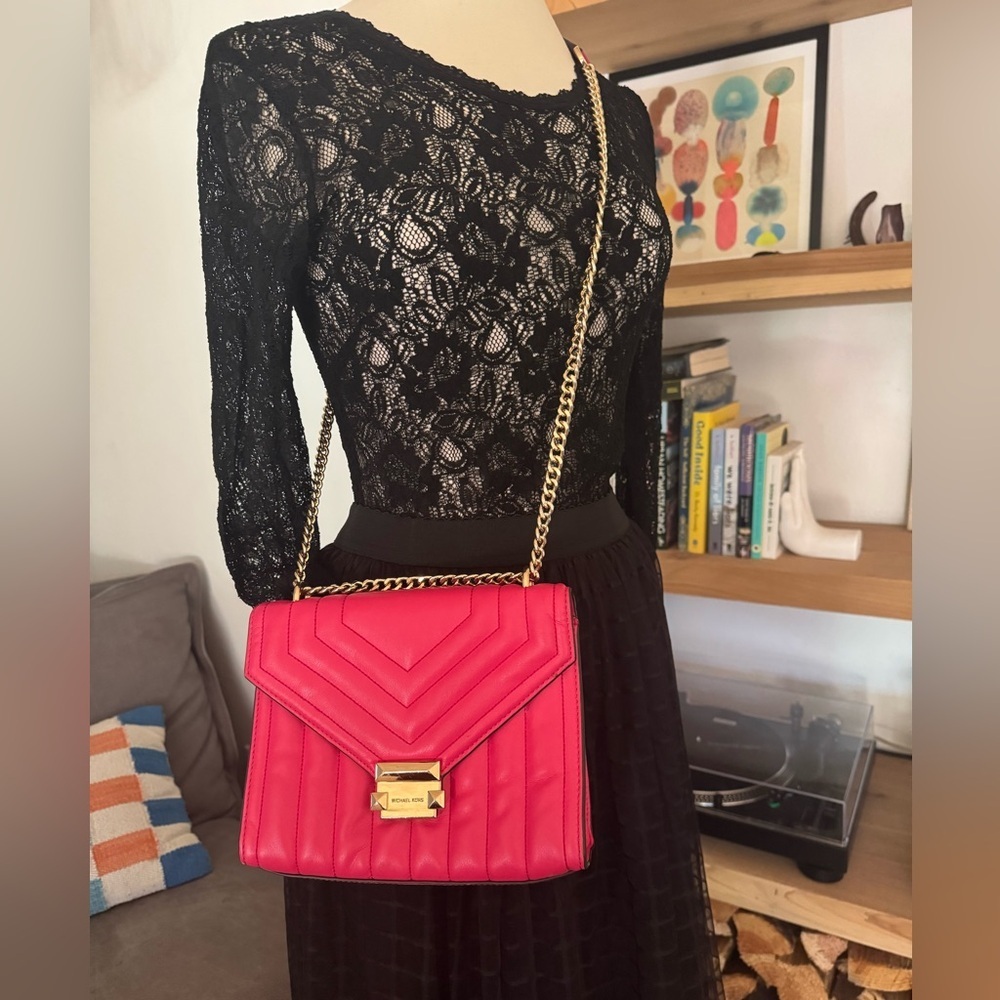 Michael Kors Whitney Medium Flap Chain Shoulder Bag Handbag Purse Electric Pink